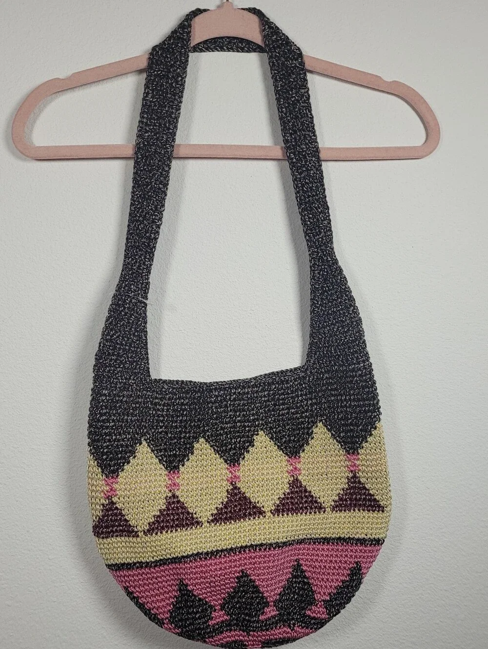 The Sak Hand Crochet Hobo Shoulder Bag Geometric Pink Yellow Black Bali Artisan